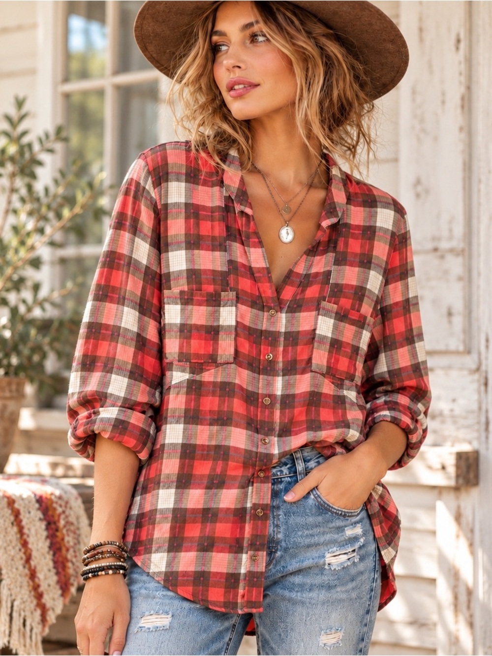 Anthropologie Plaid Flannel Shirt Coral Brown Cotton Rayon Button Pockets 12